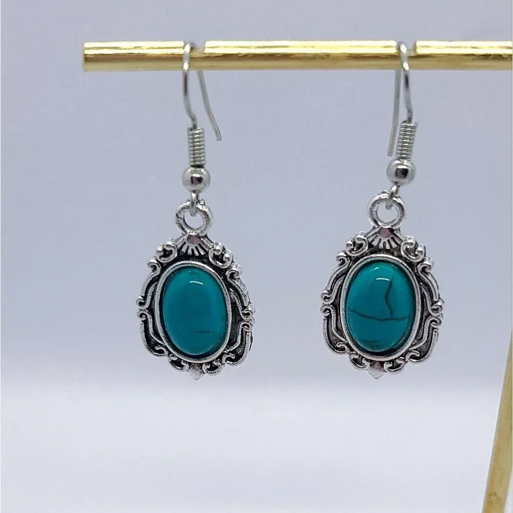 Western Turquoise Oval Beaded Silver Dangle Earrings Bohemian Tribal Jewelry